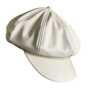 Cream Faux Leather Newsboy Cap Baker Boy Hat
